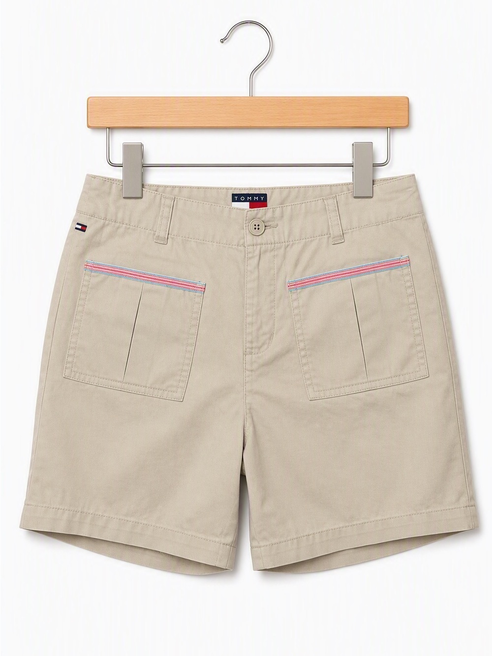 Vintage Y2K Tommy Hilfiger Khaki Beige Stripe Trim Utility Cargo Shorts 16Y